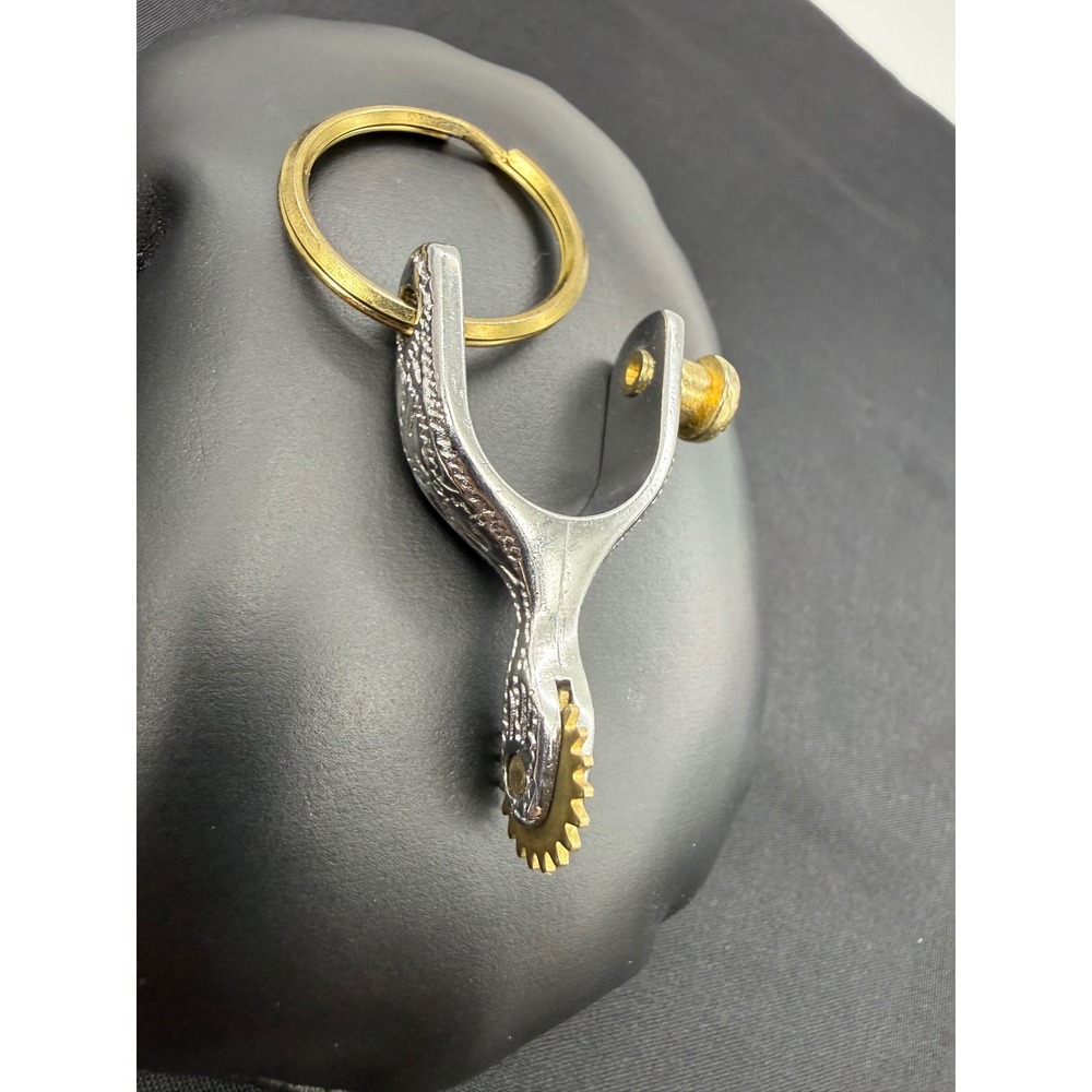 Western Cowboy Spur Keychain Silver Gold Tone Etched Metal Rotating Rowel Gift